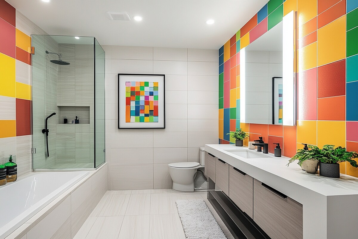 Contemporary White-Yellow And Black Bathroom Design With Shutter Storage Unit