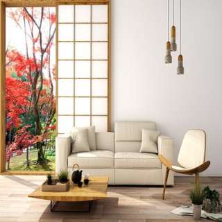 Japanese Low Leveled Living Room Design With A Sliding Door and Minimalistic Furnishings