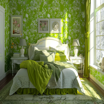 Classic Bedroom Design With Bright Green Accent Wall And Floral Wallpaper