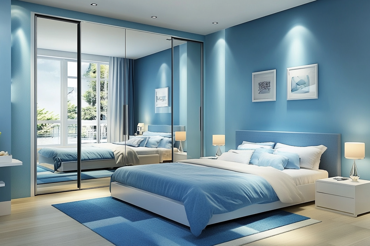 Contemporary Blue Master Bedroom Design With 2-Door Mirrored Sliding Wardrobe Design