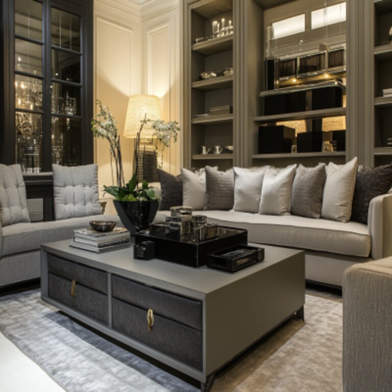 Contemporary Living Room Design With Grey Seating and Storage