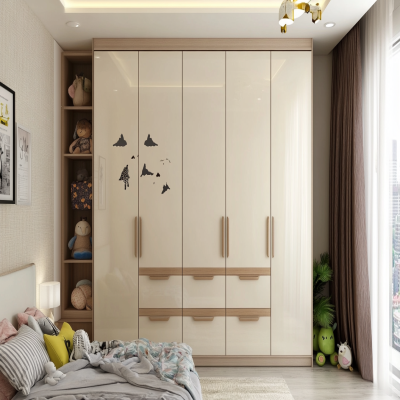 Minimal Beige Kids Room Design With 3-Door Off-White Wardrobe