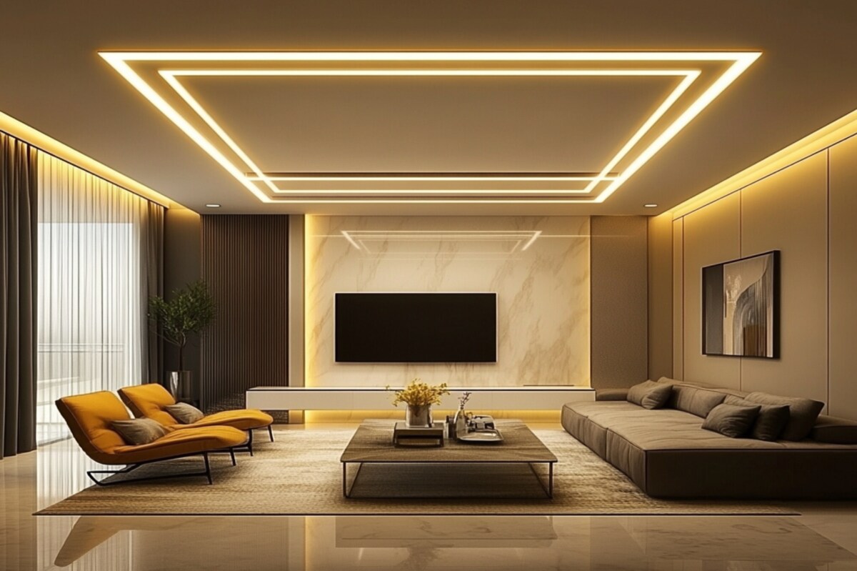 Modern POP Rectangular Single-Layered Ceiling Design With Cove Lights