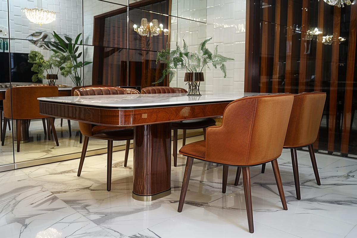 Mid-Century Modern 4-Seater Dining Table With Mirrored Wall Panel And White Dining Room Tiles