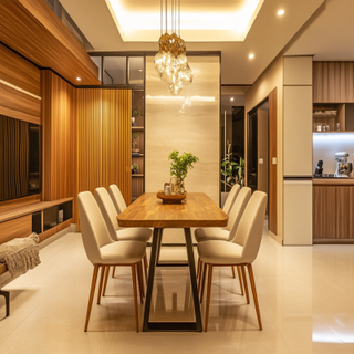 Minimalistic 6-Seater Wooden Dining Room Design With Beige Chairs And Ornamental Drop Light