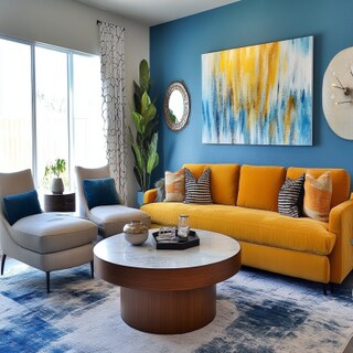 Modern Mustard Yellow And Blue Living Room Design With Round Coffee Table