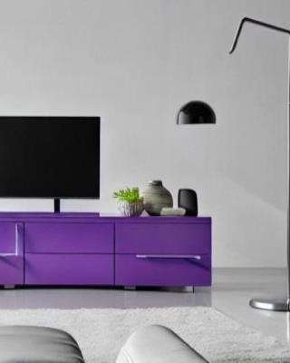 Modern TV Unit Design in Violet Laminate with Grey Wall
