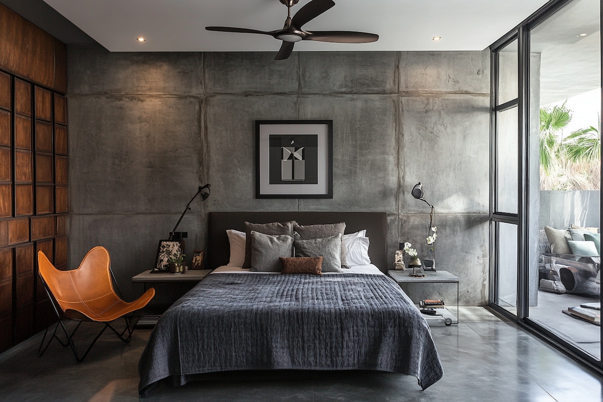 Industrial Master Bedroom Design With Grey Accent Wall