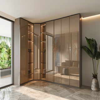 5-door Modern Swing L-Shaped Wardrobe Design With Champagne-Toned And Glass Shutters