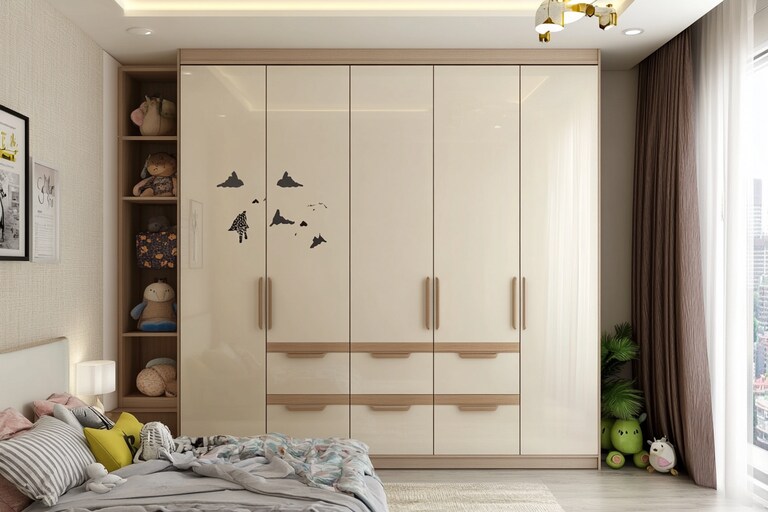 Minimal Beige Kids Room Design With 3Door OffWhite Wardrobe