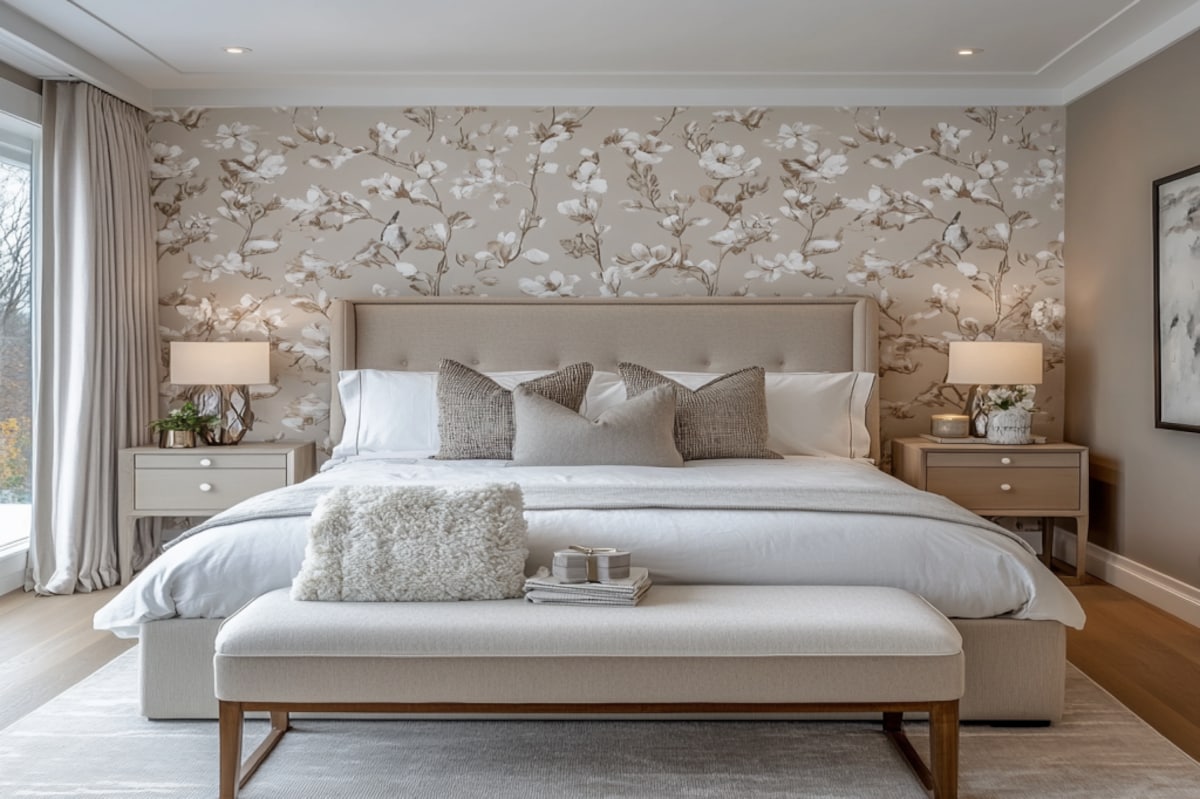 Contemporary Master Bedroom Design With Wallpaper and Storage Bench