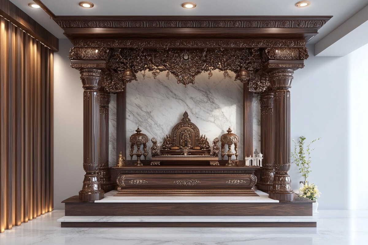 Traditional Dark Wood And Marble Mandir Design With White Wall