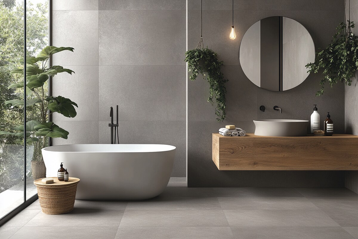 Minimalist Bathroom Design With Grey Tiles and Wooden Countertop