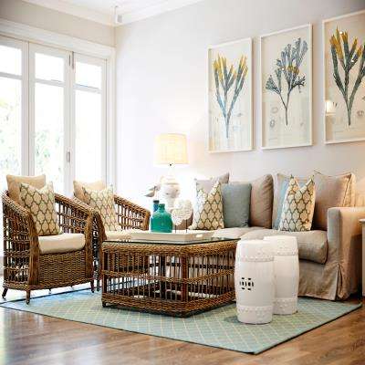 Coastal Living Room Design With Cane Furniture And Wooden Flooring