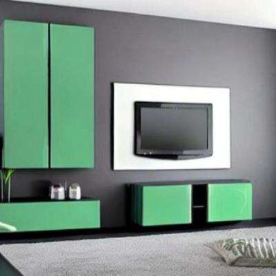 Modern TV Unit Design in Green Laminate with Green Storage Unit