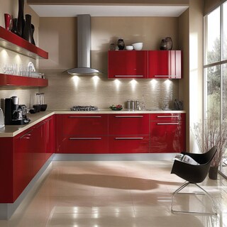 Modern Open Kitchen Design with Red Units and Champagne Wall Cabinets