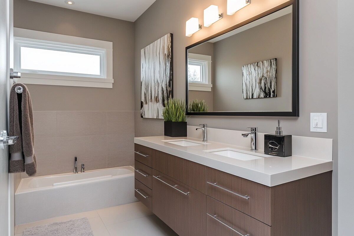 Contemporary Grey And Brown Bathroom Design With Suede Finish Unit