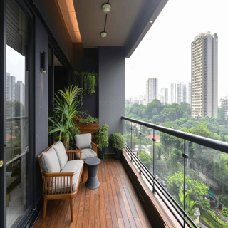 Modern Balcony Design With Dark Grey Wall Paint And Open Ledges