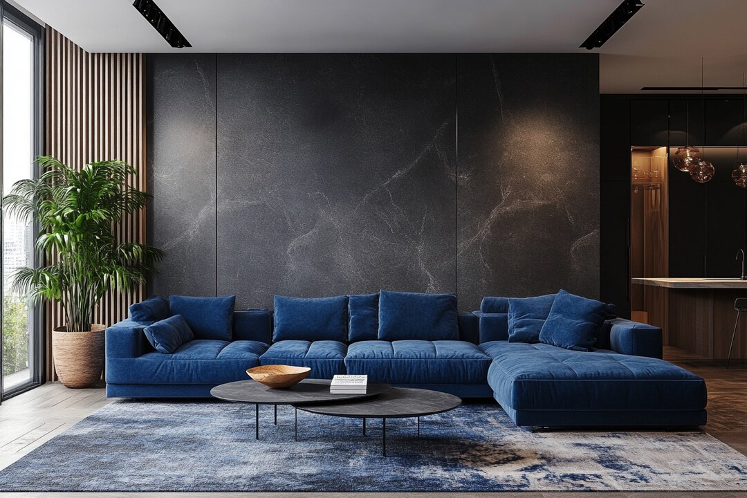 Modern Living Room Design With Dark Grey Accent Wall And Blue Sectional ...