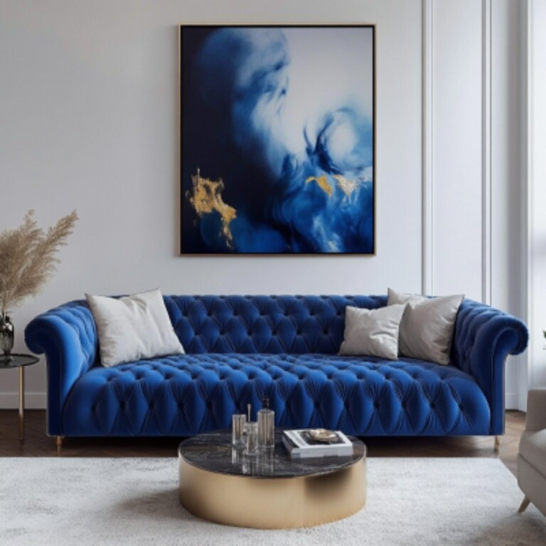 Contemporary Living Room Design With A 3-Seater Blue Upholstered Sofa