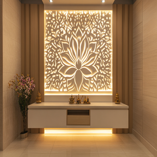 Contemporary Floor-Mounted Mandir Design With CNC-Cut Shutters