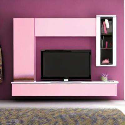 Modern TV Unit Design in Pink Laminate with Purple Wall