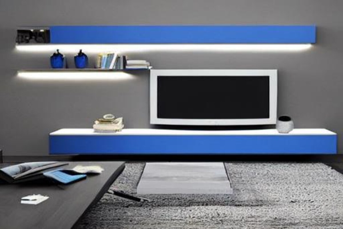 Modern TV Unit Design in Blue and Grey Laminate Modern TV Unit Design in Blue and Grey Laminate