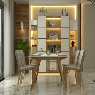 Contemporary 6-Seater White And Beige Dining Room Design with Crockery Unit