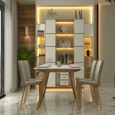 Contemporary 6-Seater White And Beige Dining Room Design with Crockery Unit