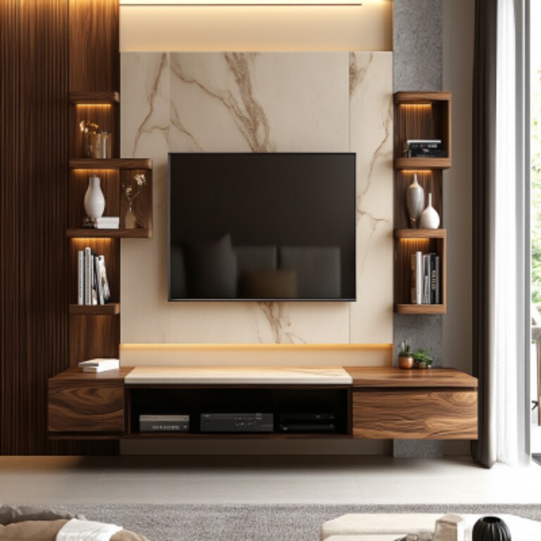 Contemporary Wall Mounted TV Unit Design With Cream Marble Panel And Side Mirrors