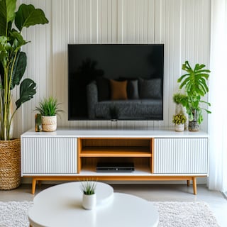 Contemporary White And Wood TV Unit Design With Fluted Panels