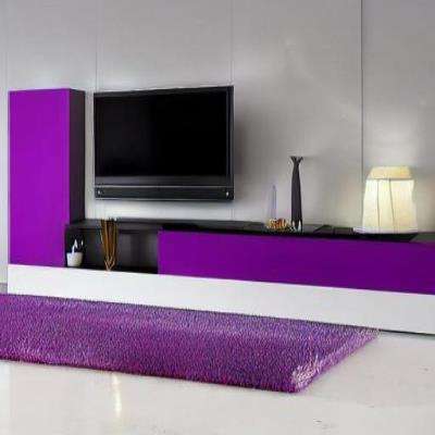 Contemporary TV Unit Design in Purple with White Flooring and Purple Rug