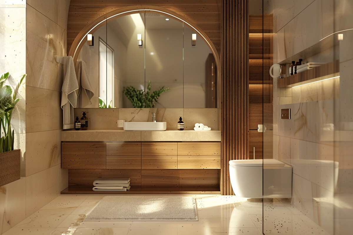 Modern Bathroom Design In Brown And White With Arched Mirror Modern Bathroom Design In Brown And White With Arched Mirror