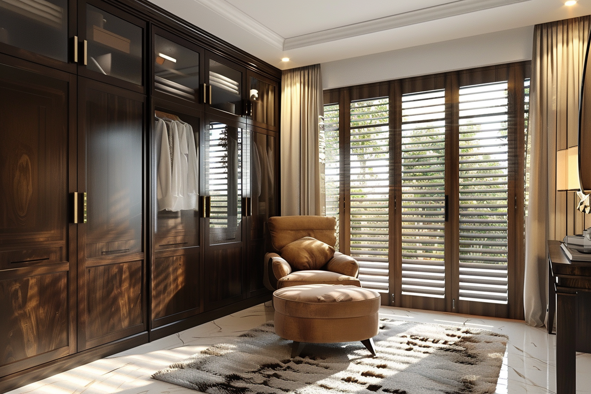 Modern 4-door Dark Wood Swing Wardrobe Design With Transparent Shutters