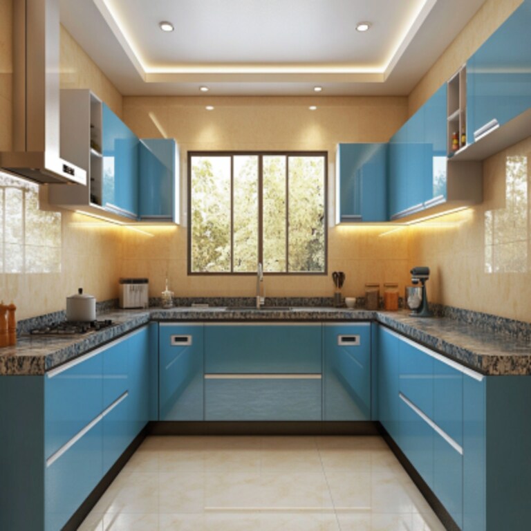 Modern U-Shaped Kitchen Design with Blue Units with Granite Countertop