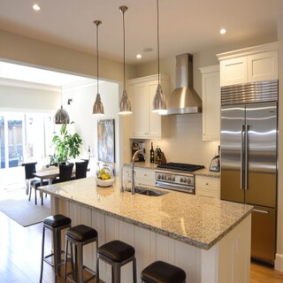 Modern Open Kitchen Design with Granite Countertop and Breakfast Counter