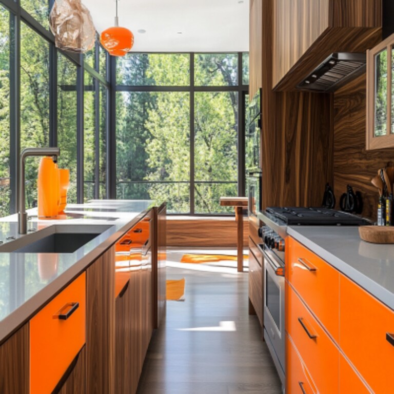 Walnut and Orange Contemporary Parallel Kitchen Design