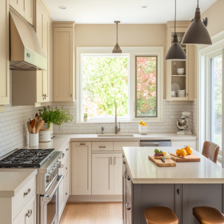 Light Beige Modern L-Shaped Kitchen Design with Quartz Countertop