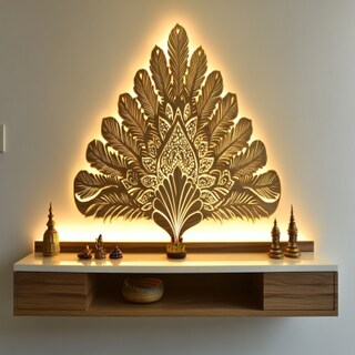 Contemporary Wall-Mounted Pooja Unit Design with Peacock Feather Design