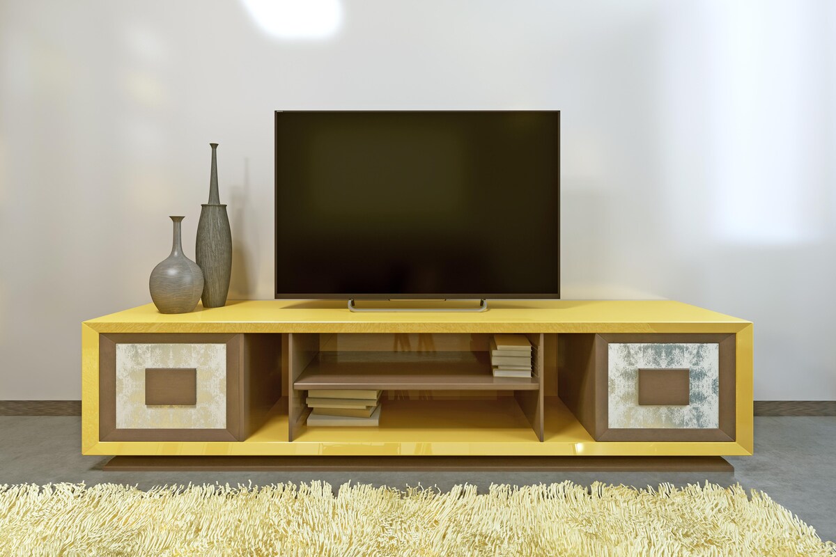 Contemporary TV Unit Design in Yellow Laminate Contemporary TV Unit Design in Yellow Laminate