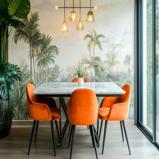 Contemporary 4-Seater Marble Dining Room Design With Orange Chairs And Tropical Wallpaper