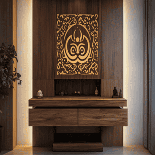 Modern Pooja Unit Design with OM Mandala Panel