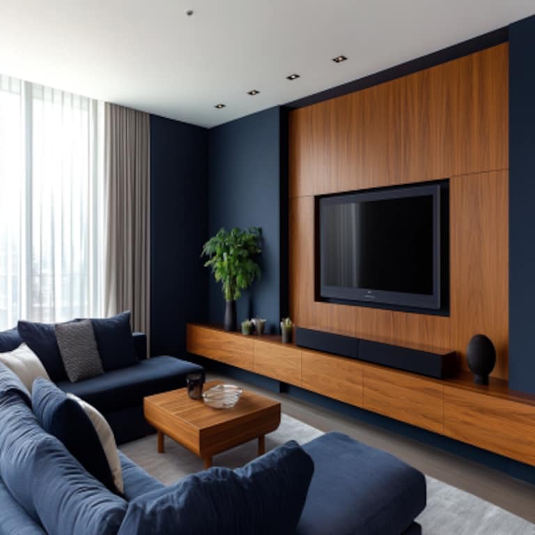 Modern Dark Blue Living Room Design With Wooden TV Unit