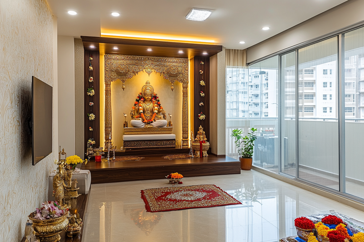 Contemporary Mandir Design With Glossy Backdrop