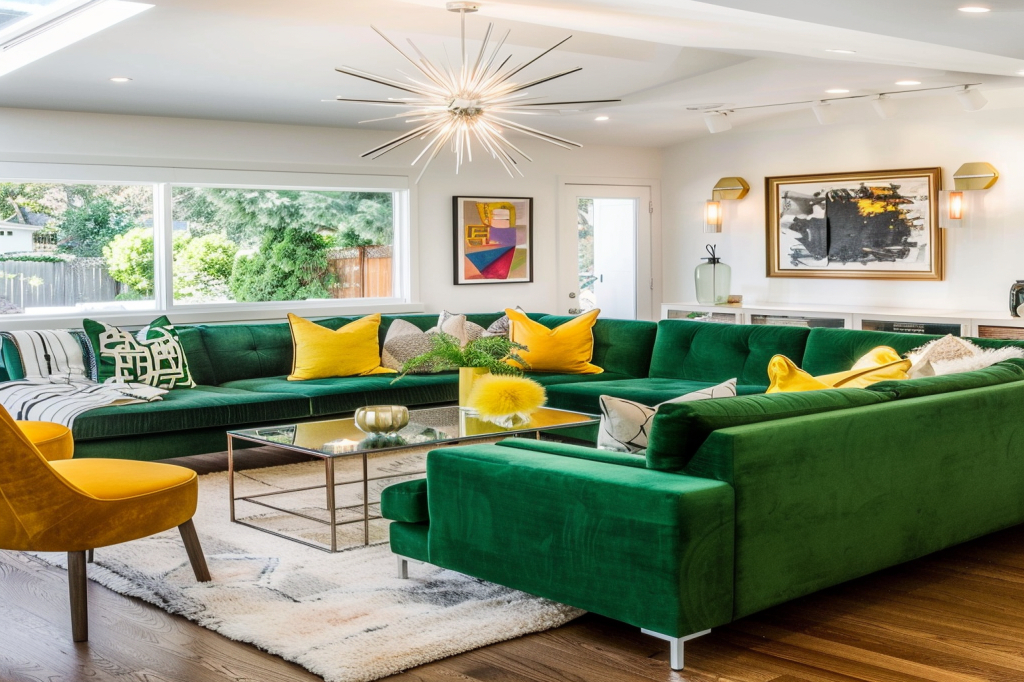 Contemporary Living Room Design With Green Sectional Sofa And Yellow Accent Chair