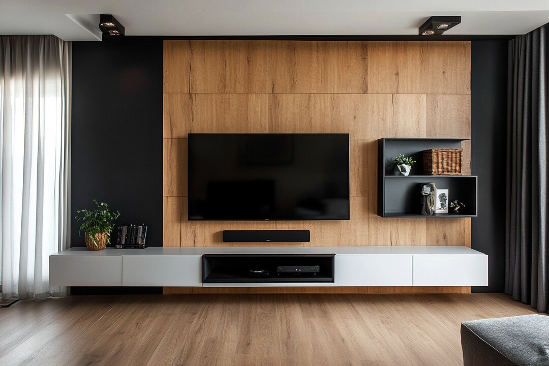 Contemporary Wood And White TV Unit Design With Black WallMounted Storage — free download