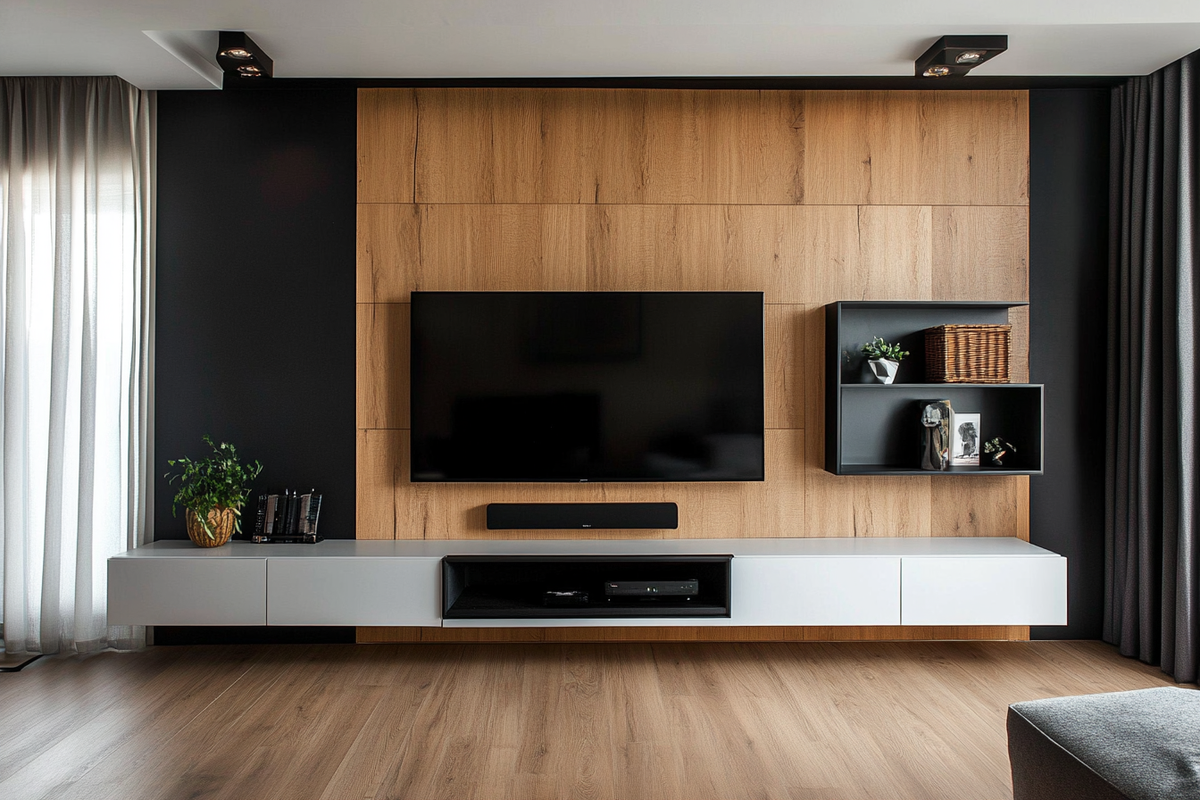 Contemporary Wood And White TV Unit Design With Black Wall-Mounted Storage