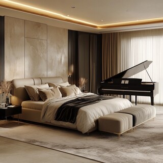 Spacious Contemporary Master Bedroom Design With King Bed and Piano Table