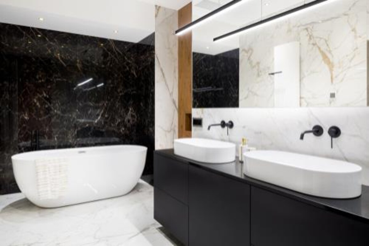 Contemporary Bathroom Design With Black Counter Top