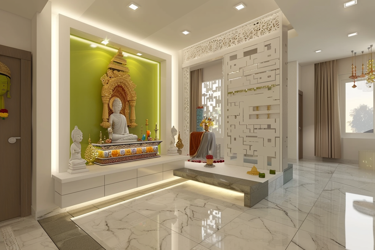 Contemporary White And Lime Green Pooja Room Design With Panelled Accent Wall